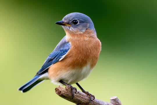Small wild songbird with gray-blue head and rust-orange breast perched on a weathered branch in a lush country garden setting, showcasing fine feather detail