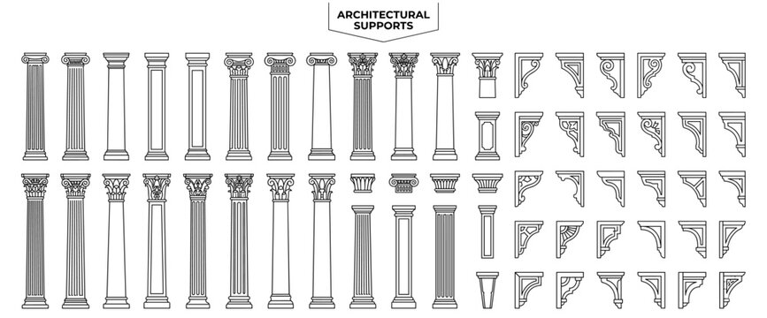 Technical architectural columns and pillars with ornate capitals, fluted shafts, supports and decorative brackets for classical facade, interior and exterior design, vector set