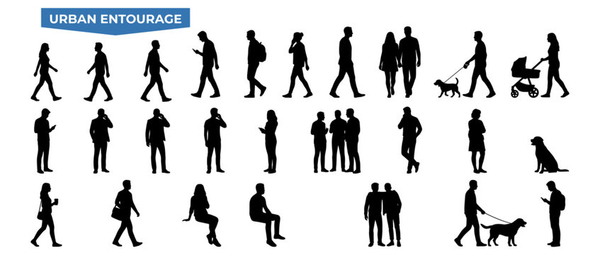 Urban people silhouette set with casual men and women walking standing, dog and mobile phone figures for architectural visualization, street scene and site plan vector illustration
