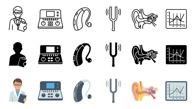 Hearing health and audiology icons collection illustrating medical professional, hearing testing equipment, assistive devices, and detailed ear anatomy with audiogram results