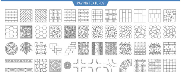 Fototapeta premium Street pavement tile patterns top view with brick, stone, cobblestone, path and paving textures for architectural plans, garden maps and landscape design vector collection.