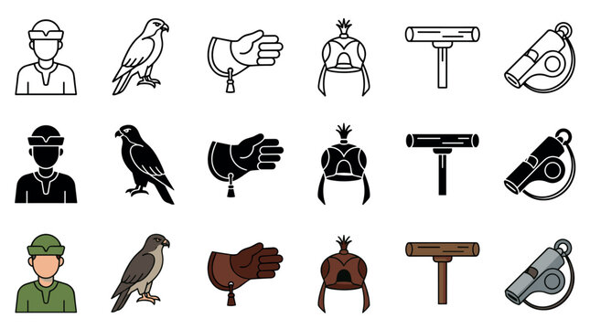 Falconry elements, bird, falconer, glove, hood, perch, whistle represented in a comprehensive set of outline, solid, and colored vector icons.