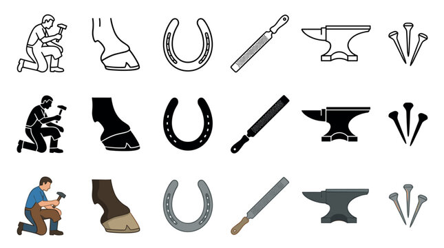 Various farrier tools and horse shoeing equipment icons including anvil, horseshoe, hoof, and nails are presented in different illustration styles.