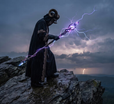 dark warlock with horned mask standing on rocky cliff edge holding magic staff. sorcerer casting spell with glowing purple crystal and lightning in stormy weather. fantasy concept, book cover design.