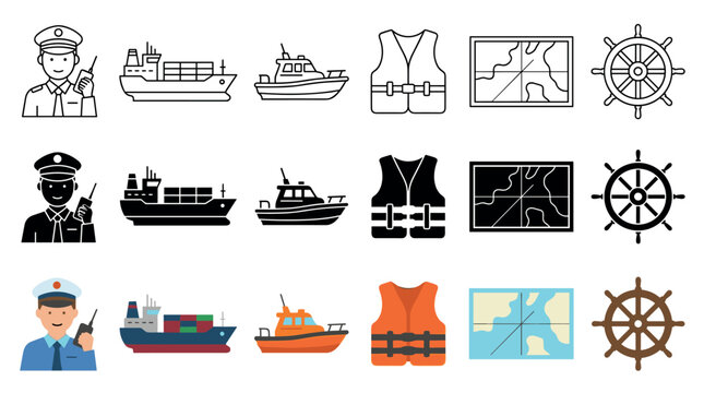 Maritime icons collection featuring a captain, cargo ship, speed boat, life vest, nautical chart, and ship's wheel in various styles.