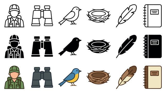 Birdwatcher binoculars bird nest feather notebook icons representing nature observation and wildlife study in various graphic styles.