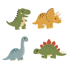 Set of four hand drawn dinosaur characters including T rex, triceratops, brachiosaurus and stegosaurus. © Oksana