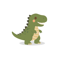 Fototapeta premium Cartoon Tyrannosaurus dinosaur character with green scales and striped belly in a hand drawn style.