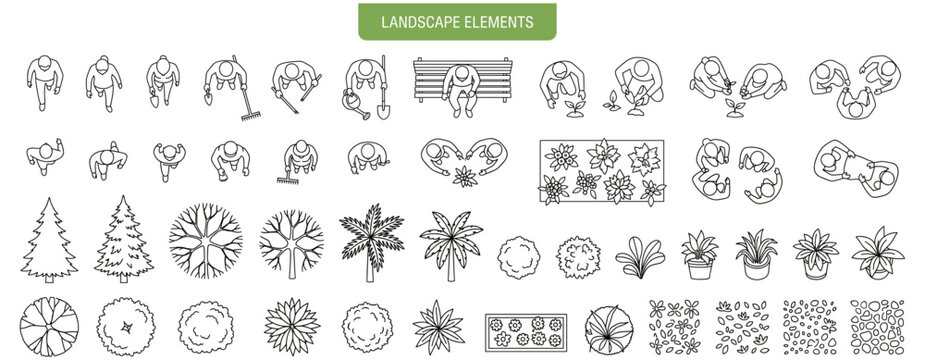 Architectural overhead view of people gardening with plants, garden tools and landscape elements, clean vector plan symbols for landscape design, site planning and outdoor projects