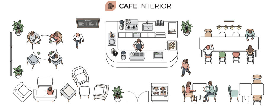 Top view cafe floor plan with barista, customers, seating, tables, chairs and counter, clean architectural interior layout in minimal line vector illustration
