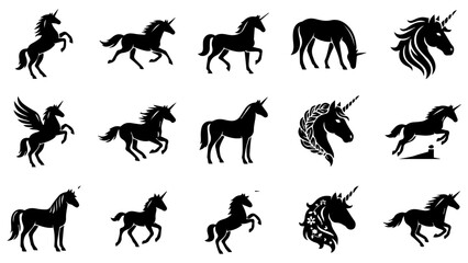 Fototapeta premium Set of black silhouette icons of magical unicorn horses in various poses and different actions for design