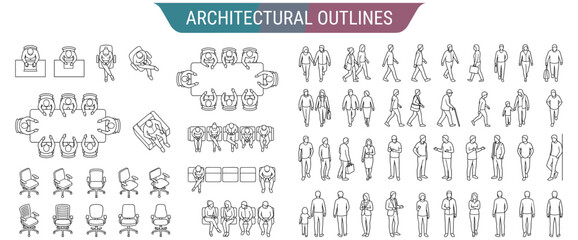Obraz premium Architectural people top view vector set with walking, sitting and standing outline figures for CAD drawing, floor plan, interior layout and building design on gray background