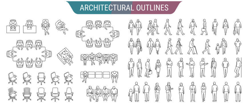 Architectural people top view vector set with walking, sitting and standing outline figures for CAD drawing, floor plan, interior layout and building design on gray background