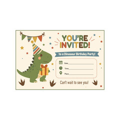 Fototapeta premium T Rex dinosaur birthday invitation with party hat, gift, bunting and fields for date, time and place.