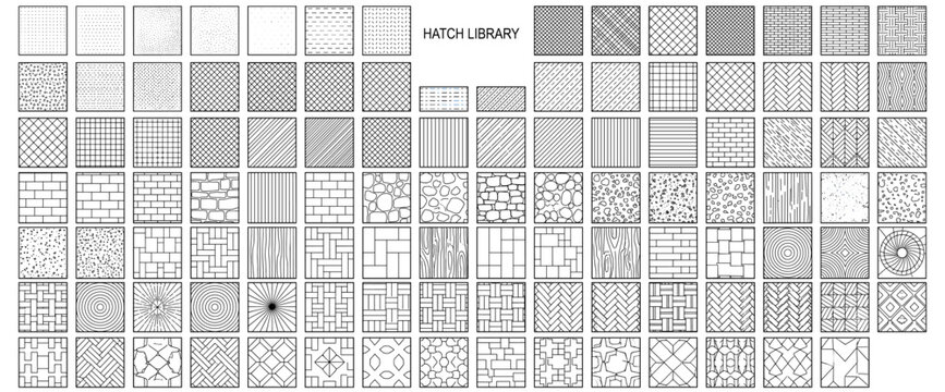 Vector hatch pattern mega pack with drafting, CAD, architecture, geometric, line, grid, brick, stone, wood and construction surface variations for design projects