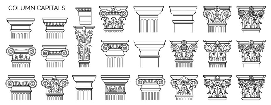 Classical Architectural Column Capital Vector Collection in Line Art with Ionic, Doric and Corinthian Greek Roman Pillar Ornament and Temple Details