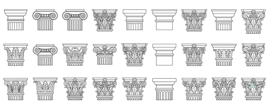 Classical architecture column capital collection with Ionic, Doric and Corinthian orders, antique Greek and Roman pillar ornament designs in line art vector illustration