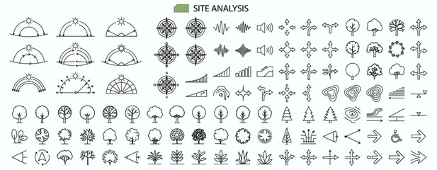 Architecture site analysis icon symbol diagram with sun path wind noise vegetation direction environmental planning elements isolated vector illustration © JIm Studio