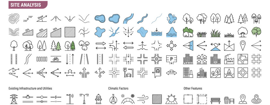 Landscape architecture site analysis icon symbol urban planning map diagram layout circulation road sidewalk park vegetation building vector illustration