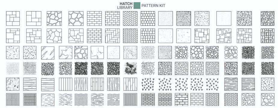 Seamless landscape architecture hatch texture pattern material symbol surface fill set featuring grass concrete pavement gravel stone water vector illustration