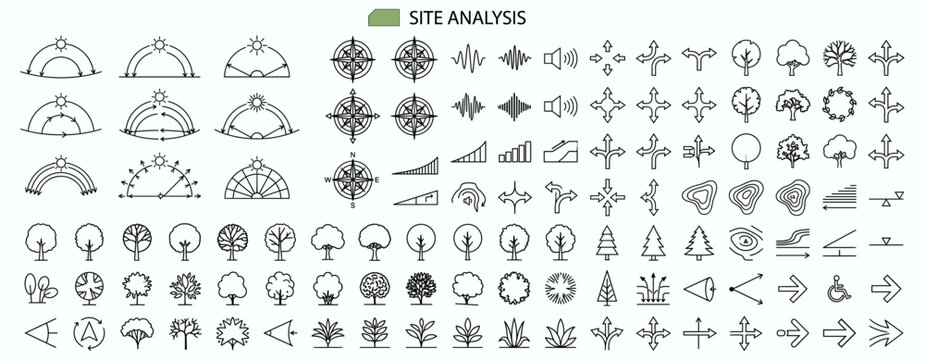 Architecture site analysis icon symbol diagram with sun path wind noise vegetation direction environmental planning elements isolated vector illustration
