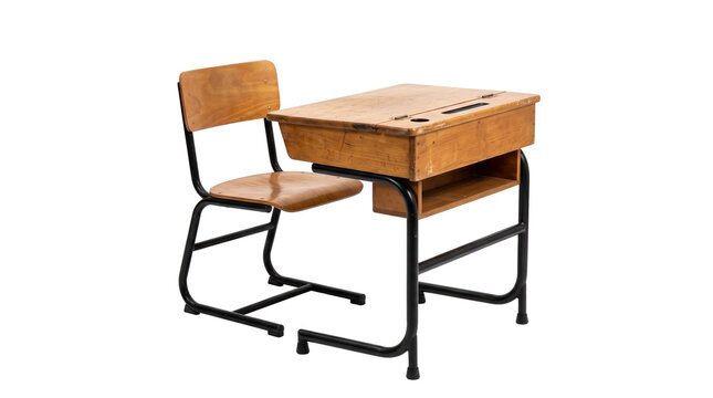 School desk, chair and table isolated on transparent background.