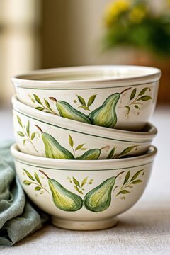 Vintage ceramic breakfast bowls stacked with hand-painted green pear motifs and delicate botanical details, showcasing a charming country kitchen aesthetic