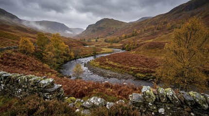 Fototapeta premium A scenic view of a valley in Scotland during peak autumn, featuring a meandering river and hillsides covered in vibrant fall foliage, AI generated