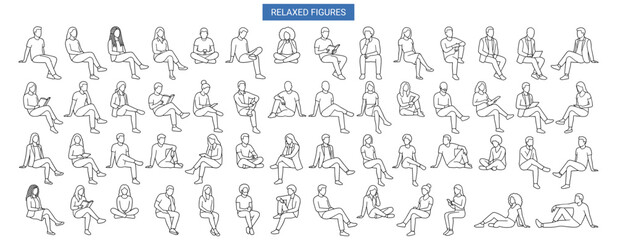 Obraz premium Architectural Sitting People Scale Figures Set, Diverse Men and Women in Relaxed Poses, Minimalist Line Art Elevation CAD Blocks for Sections and Interior Rendering