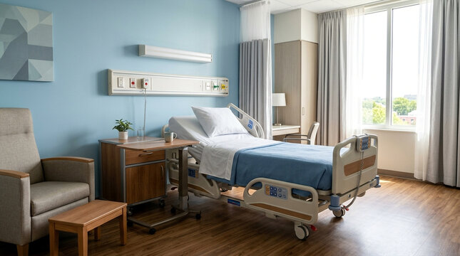Clean empty hospital room with adjustable bed and large window on a bright day