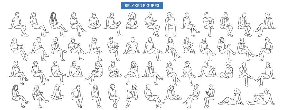 Architectural Sitting People Scale Figures Set, Diverse Men and Women in Relaxed Poses, Minimalist Line Art Elevation CAD Blocks for Sections and Interior Rendering