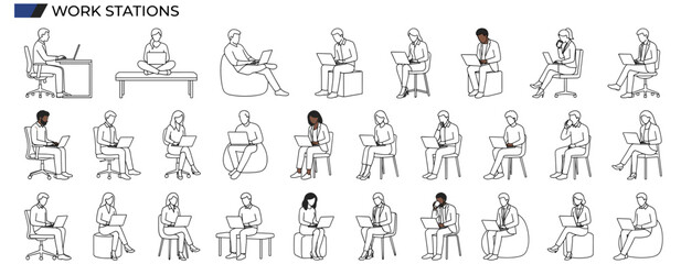 Obraz premium Architectural CAD People Sitting with Laptops, Diverse Men and Women Working in Minimal Line Art Elevation Vector Set for Section Drawings, Plans, and Interior Renderings