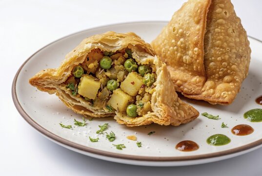 Crispy, golden-brown Punjabi samosas are a delicious and savory Indian appetizer, perfect for any occasion, AI generated