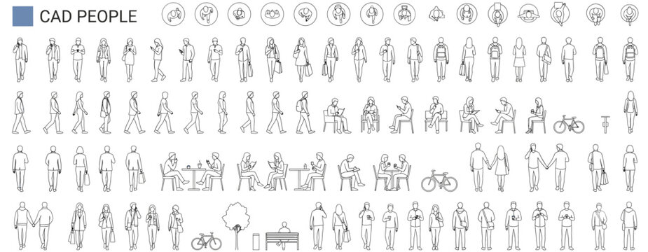 Architectural People CAD Vector Collection with Front Side Back and Top View Pedestrians, Walking Couples, Seated Caf&eacute; Figures, Phone Users, Shoppers and Urban Entourage