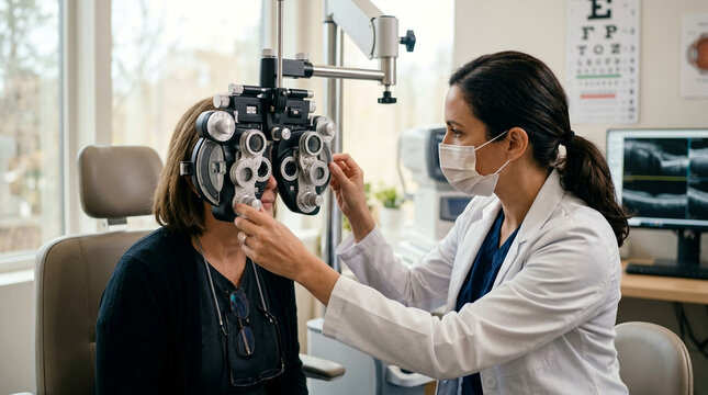 Ophthalmologist examining patient's vision with phoropter during eye exam at optical clinic