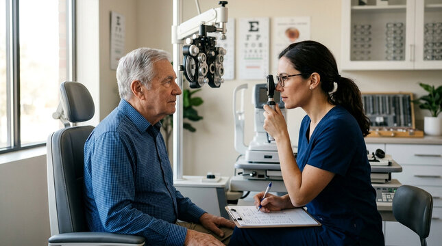 Ophthalmologist examining senior man's eyes with phoropter during a routine eye checkup in clinic