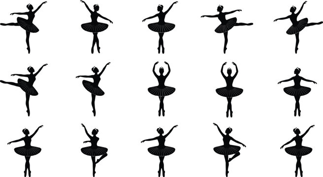 Ballerina Silhouettes Set Ballet Dancers in Tutu Poses Vector Illustration