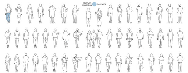 Fototapeta premium Back View People Vector Illustration, Hand Drawn Men and Women from Behind in Walking and Standing Poses for Architectural Design, Urban Planning, Street and Landscape Projects