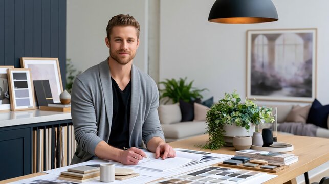 Interior designer with samples and blueprints in a modern home office with soft overhead lighting