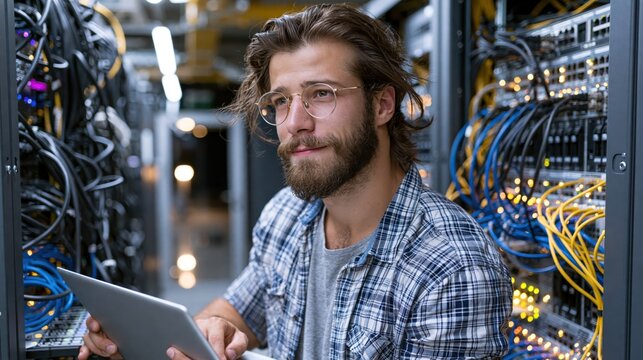 IT technician with beard and glasses working on a laptop in a server room with many cables and blinking lights