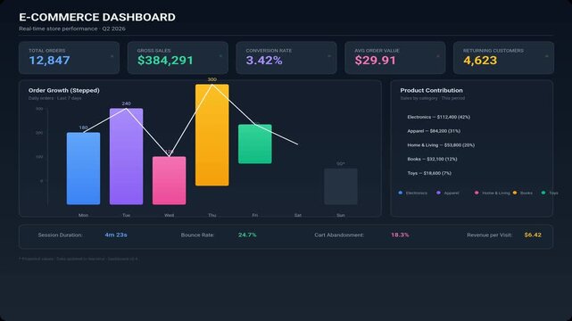 Interactive ecommerce dashboard showing performance metrics