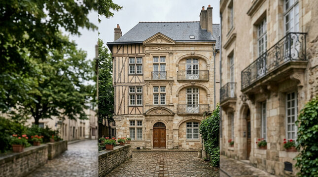 Historic European stone and timber-framed buildings lining a charming cobblestone alleyway on a cloudy day