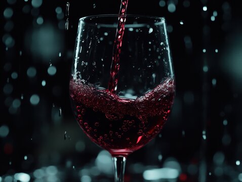 Red wine pours into a clear glass, creating a dynamic splash with bubbles against a dark blue background with glowing teal bokeh lights.
