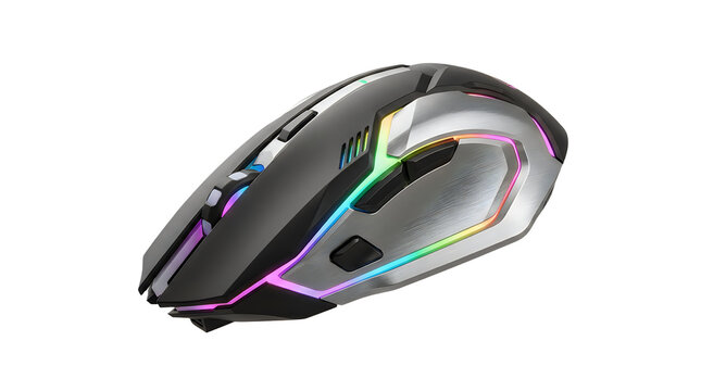 A modern ergonomic gaming mouse featuring customizable rgb lighting, metallic side accents, and multiple programmable buttons isolated on transparent background