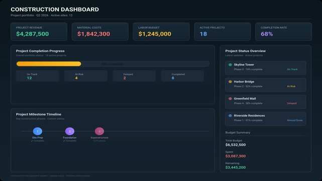 Construction management dashboard showing project financial metrics