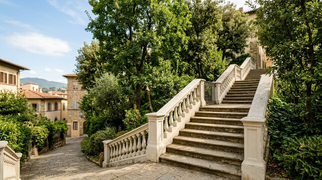 Historic stone staircase with ornate balustrade leading up to a hillside town under clear sky