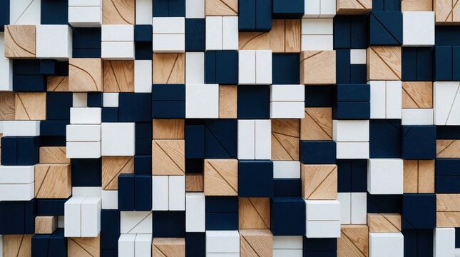Wood wall panel with geometric blocks in white navy blue and natural wood tones. This abstract wall art features 3D cuboid shapes creating textured background pattern. Modern interior design element.