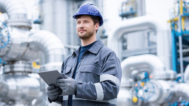 Male engineer in hard hat holding tablet computer in industrial plant with pipelines during daytime