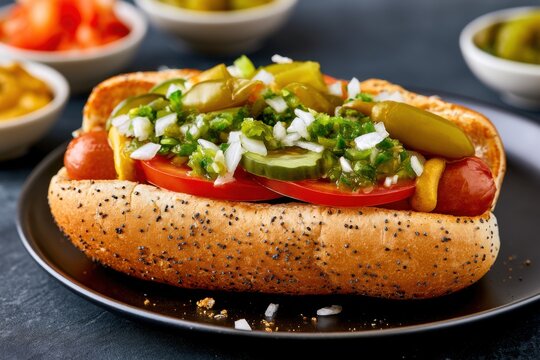 Loaded hot dog on a toasted poppy seed bun topped with sliced tomato, pickle, chopped onion, green relish, mustard, and whole pickled peppers on a dark prep counter