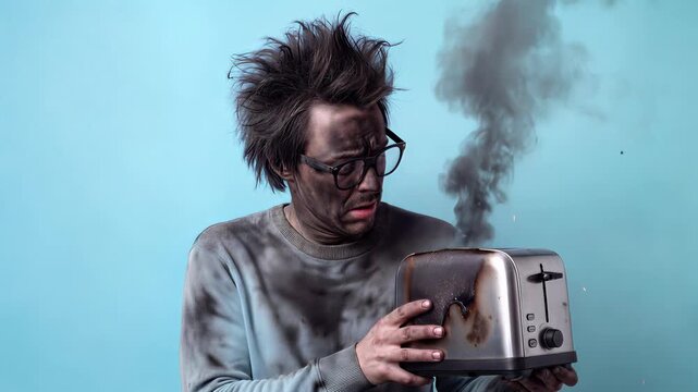 Shocked man holding burnt toaster with smoke and sparks. Household appliance malfunction and kitchen fire safety concept. Panning medium shot.